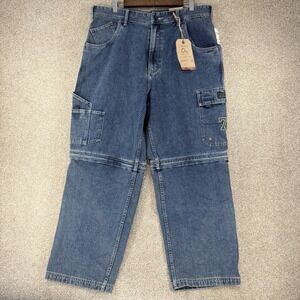 Vtg Y2K APCO Cargo Zip Off Knee Jeans 38x30 Skater Short Grunge Patch Distressed